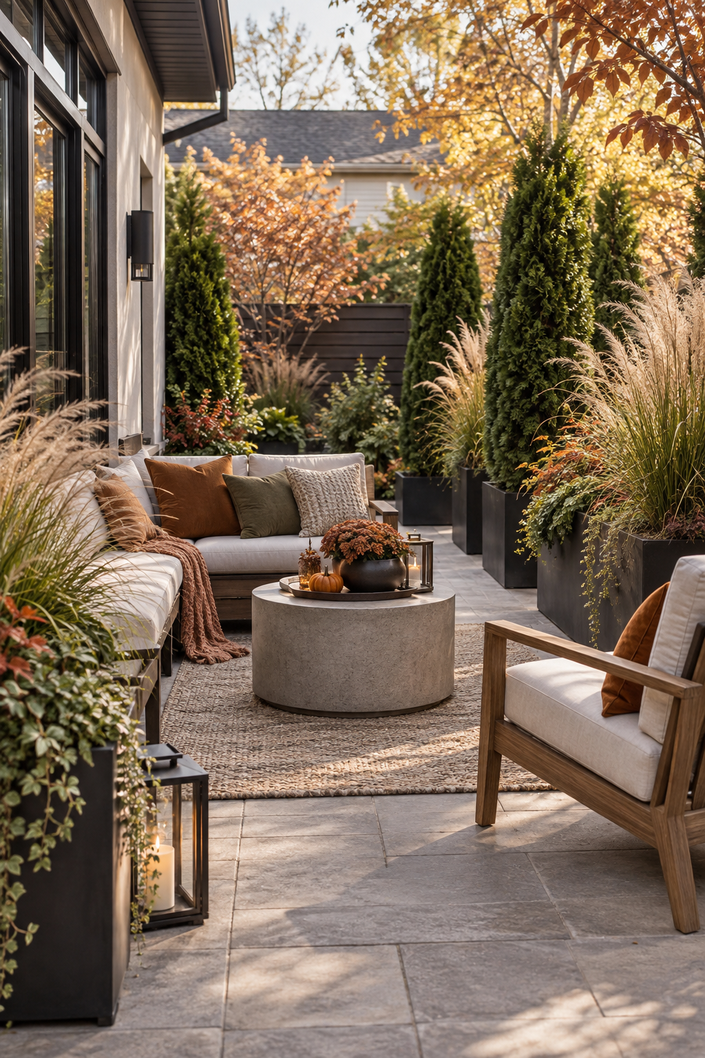 Sheltered autumn patio protected from wind