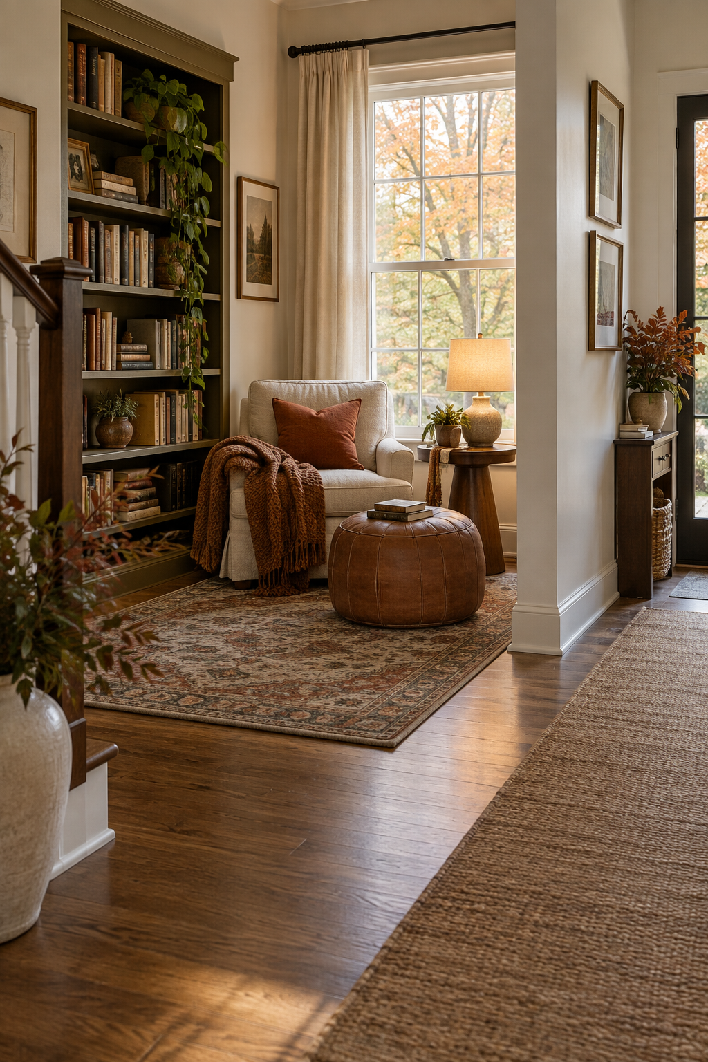 Low pile vintage rug defining a fall reading nook