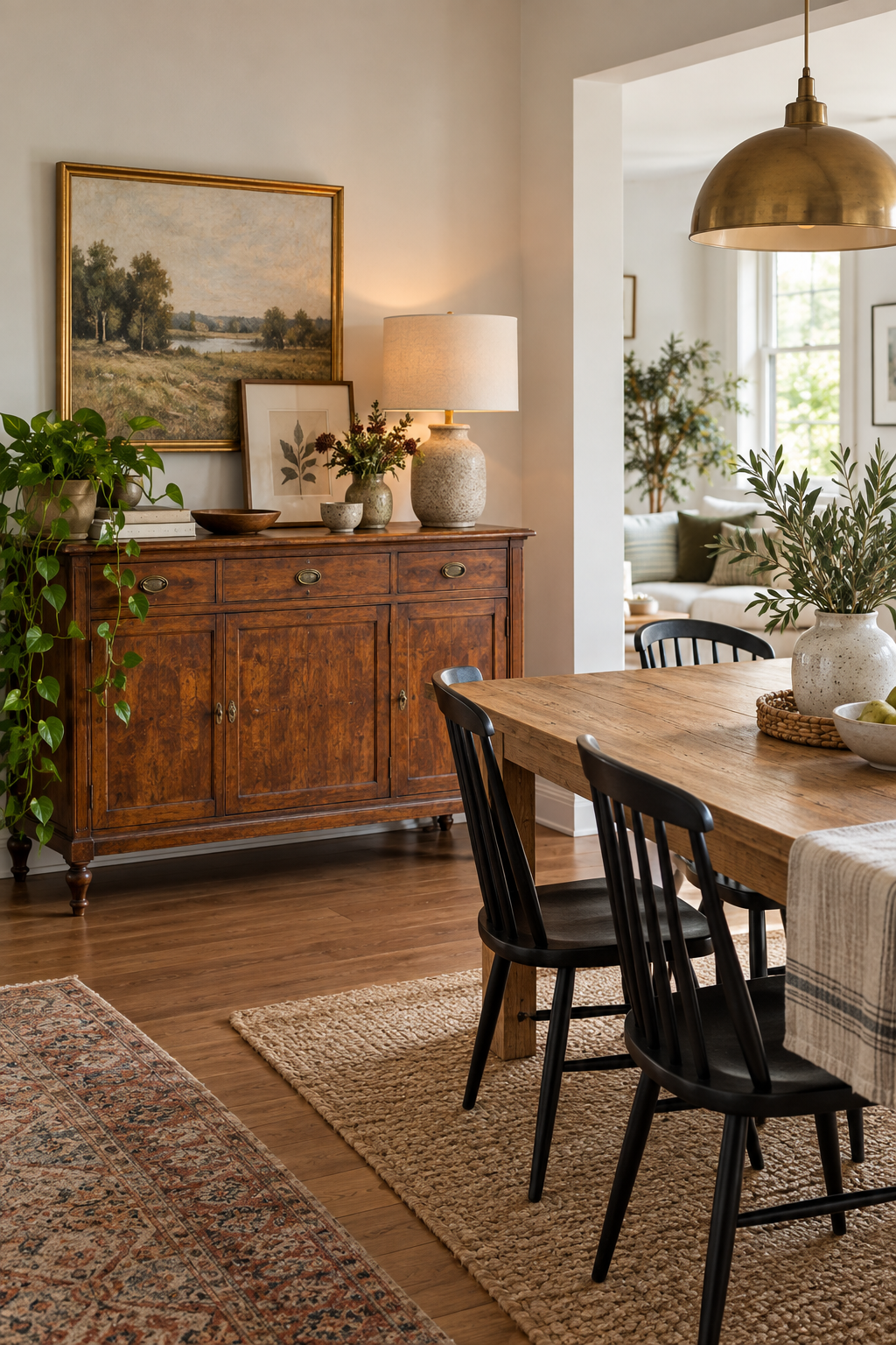 A vintage solid wood sideboard styled in a contemporary first home