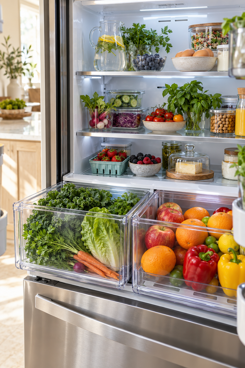 Separate High- and Low-Humidity Produce in a clean organized refrigerator