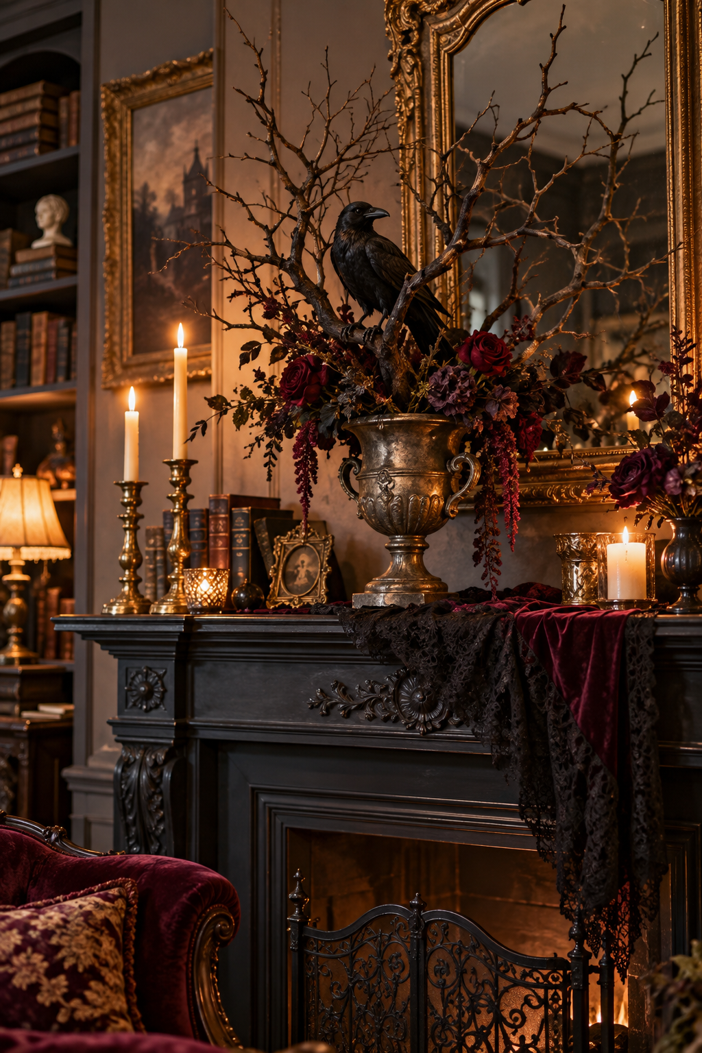Create a Raven-and-Branches Centerpiece styled as gothic Victorian Halloween mantel ideas