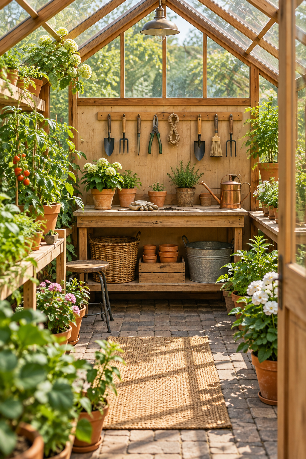 Organize Tools on a Peg Rail inside a beautiful garden greenhouse