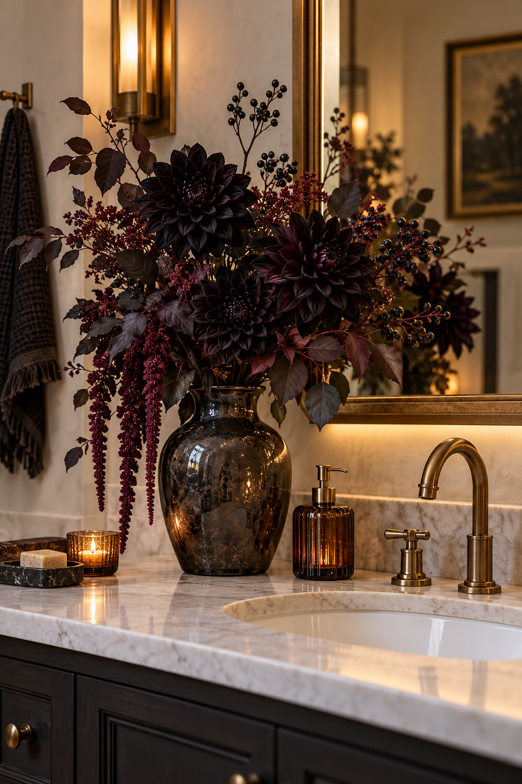 Add a Black Floral Arrangement styled as Halloween bathroom decor ideas