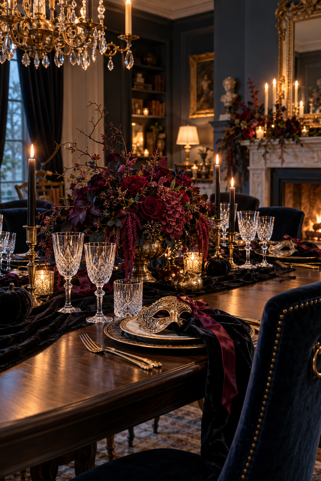 Use Cut-Crystal Glassware styled as Halloween masquerade tablescape ideas