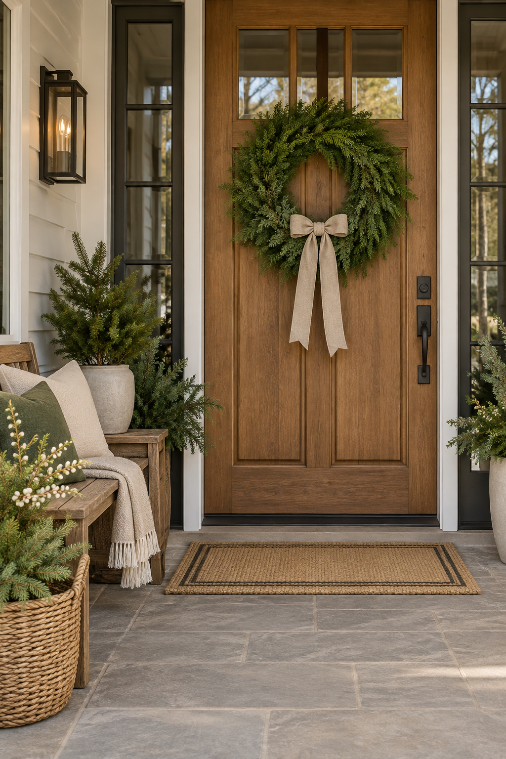 Natural Christmas entryway with cedar wreath, wood bench and woven baskets