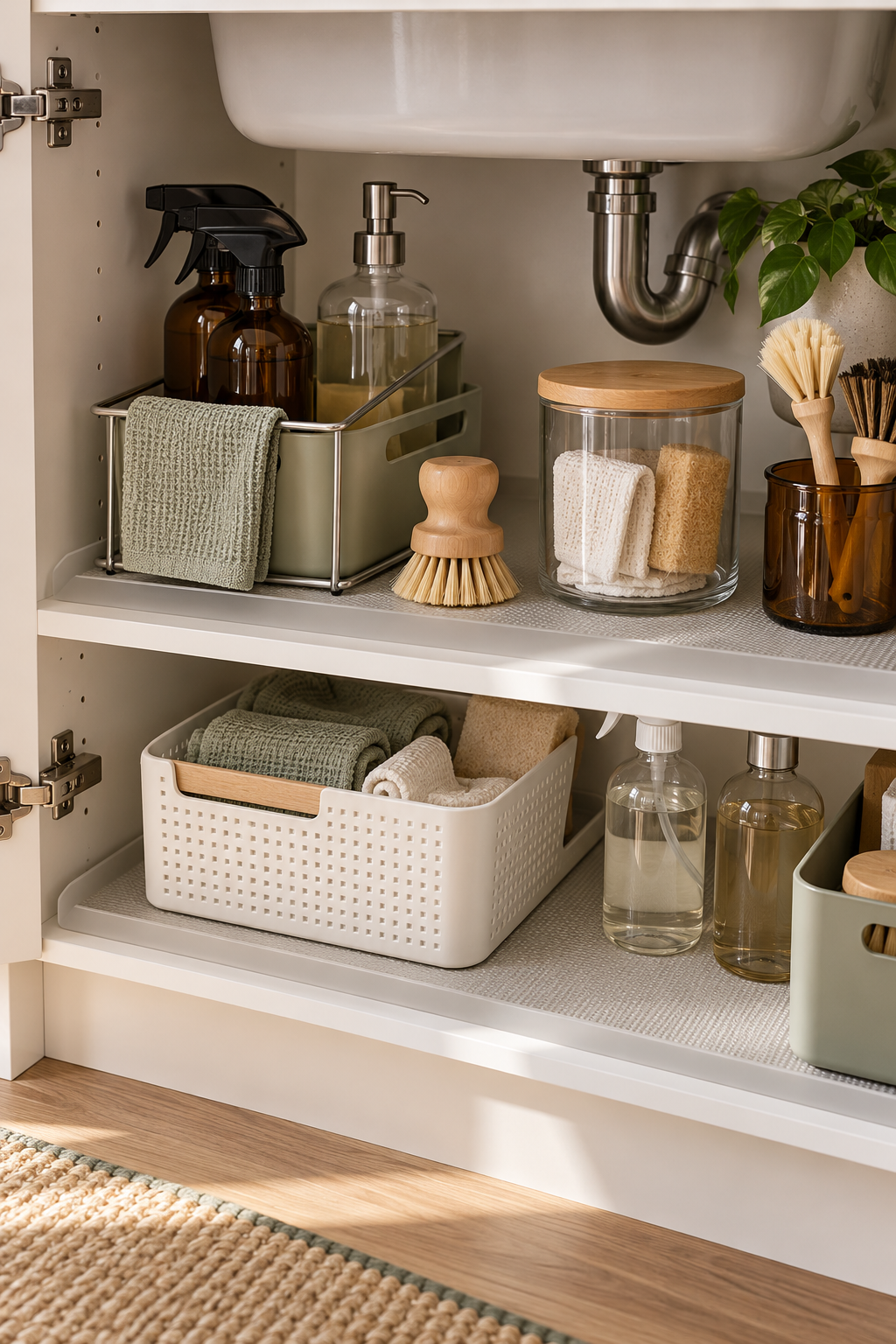 Add a Washable Shelf Liner in an organized naturally minded cleaning station