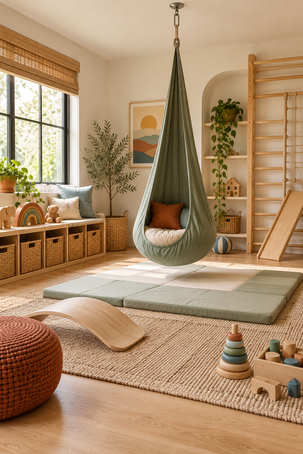 Hang a Secure Indoor Swing in a stylish screen-free playroom