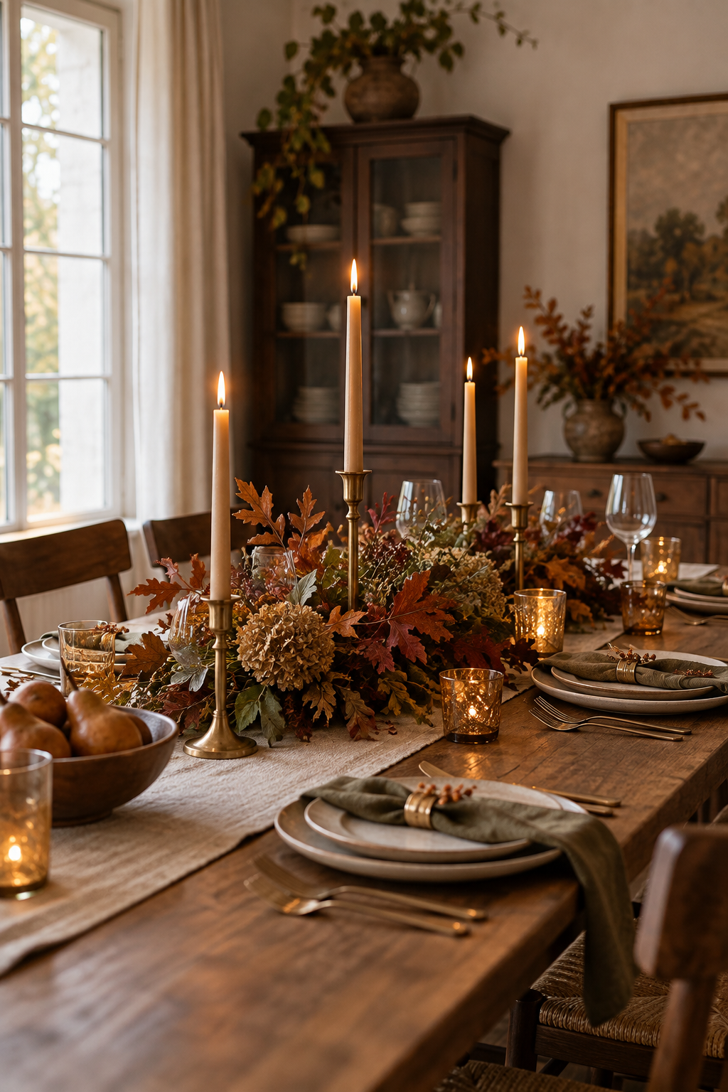 Autumn table with slender taper candles