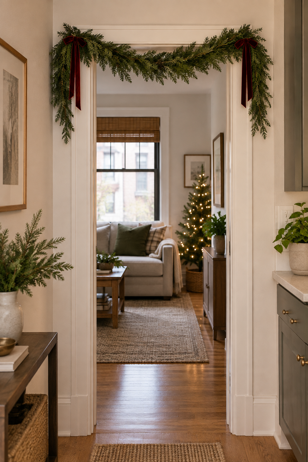 Add a narrow Christmas garland above a doorway