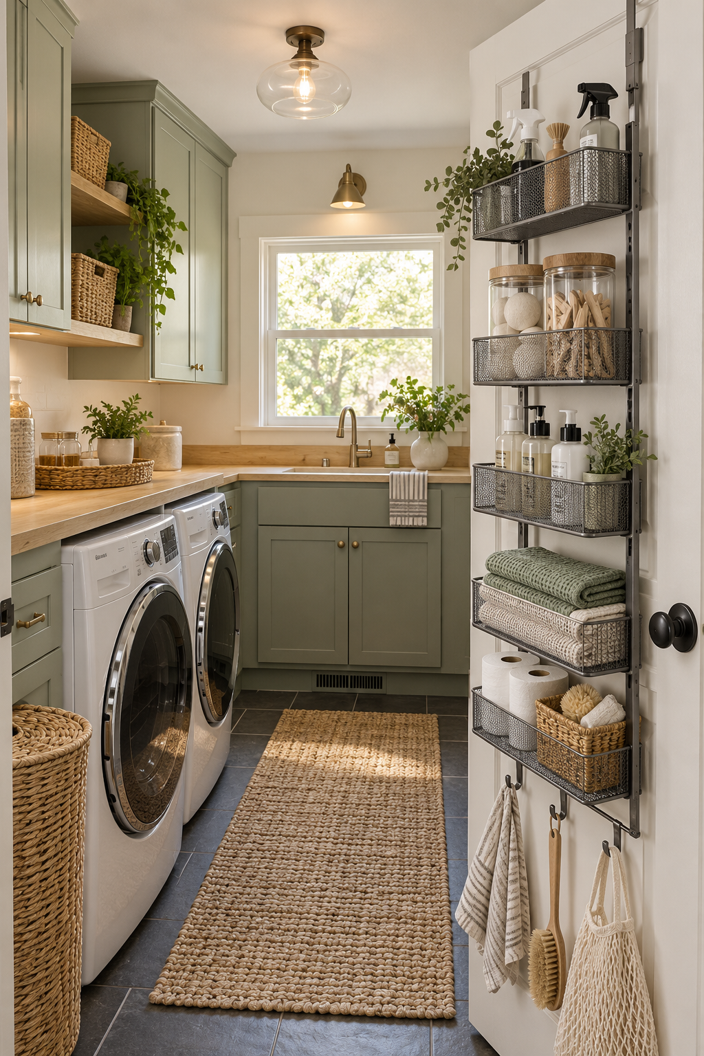 Turn the Door into Extra Storage in a compact organized laundry room