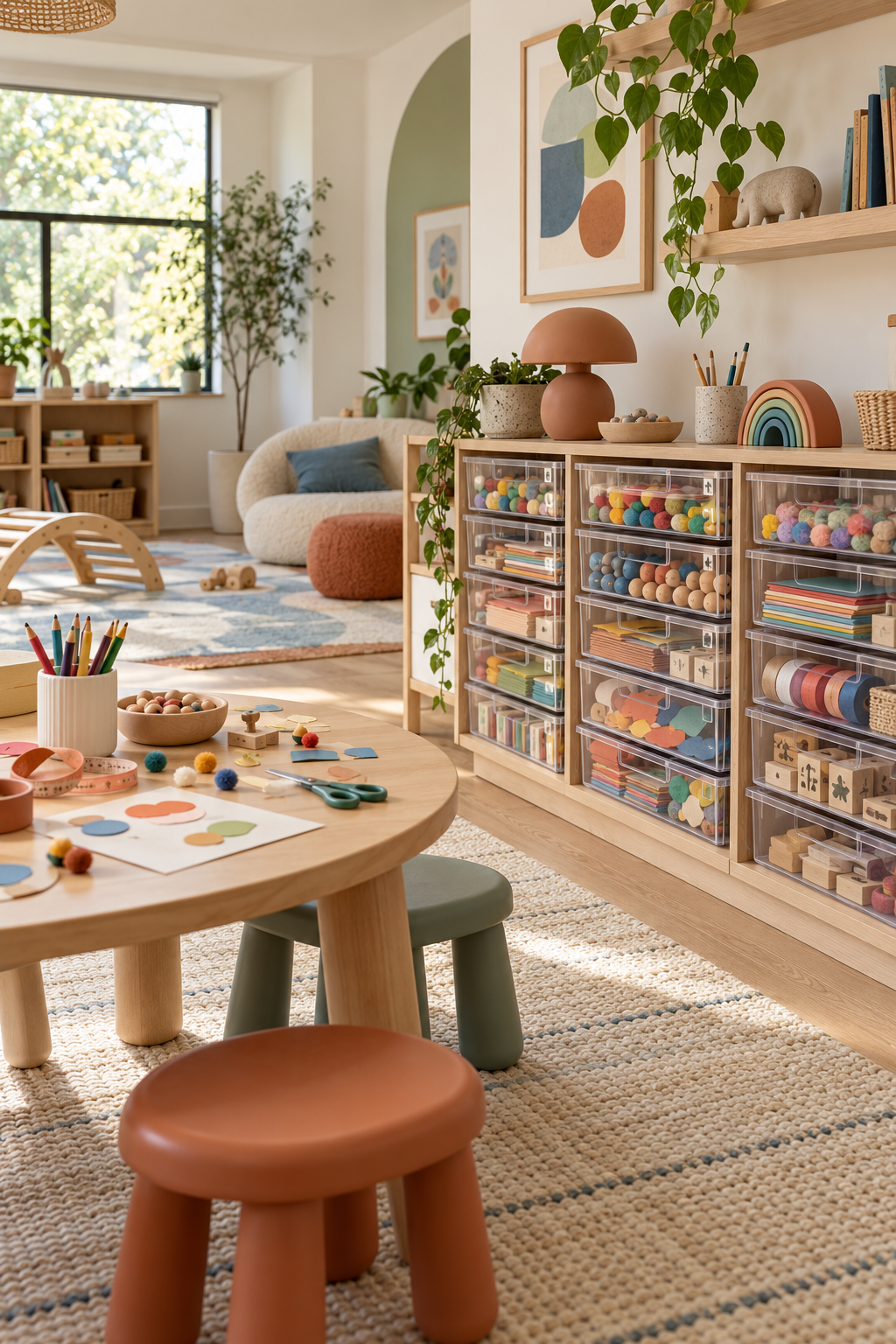 Use Clear Drawers for Small Craft Pieces in a stylish organized playroom