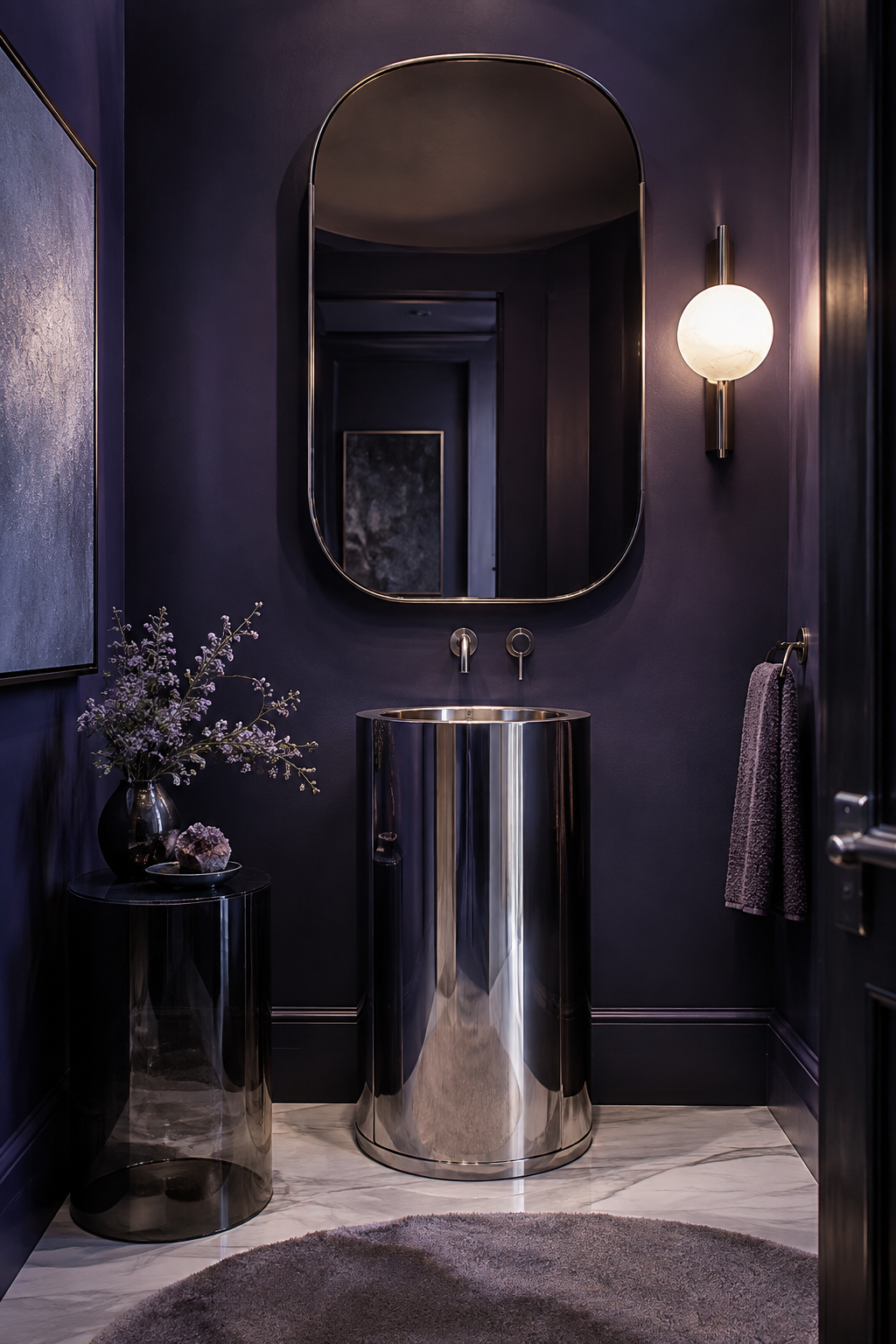 Ultraviolet powder room with metallic basin and glowing mirror