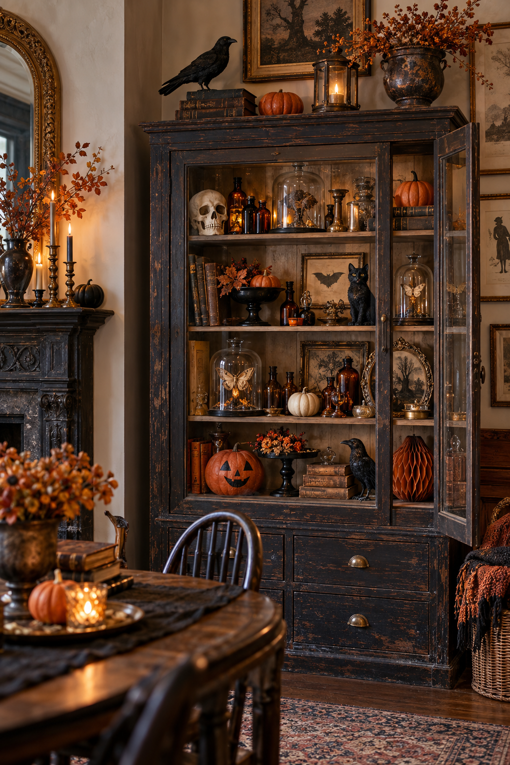Fill an Apothecary Cabinet with Curiosities styled as vintage Halloween decor ideas