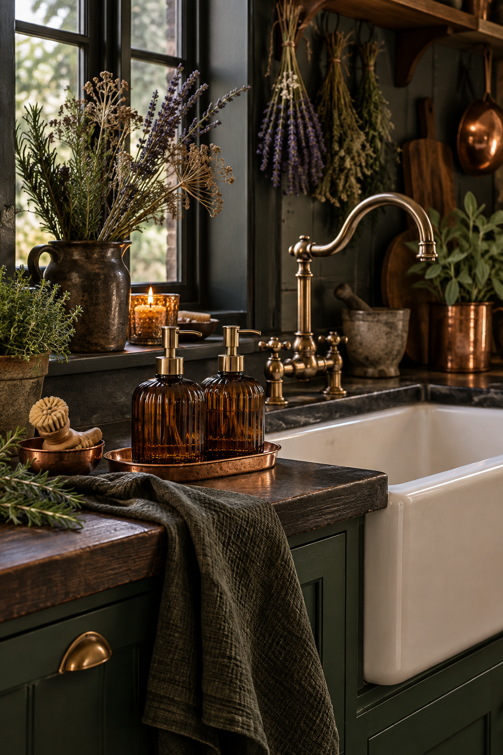 Use Amber Glass Soap Bottles styled as witchy kitchen decor ideas