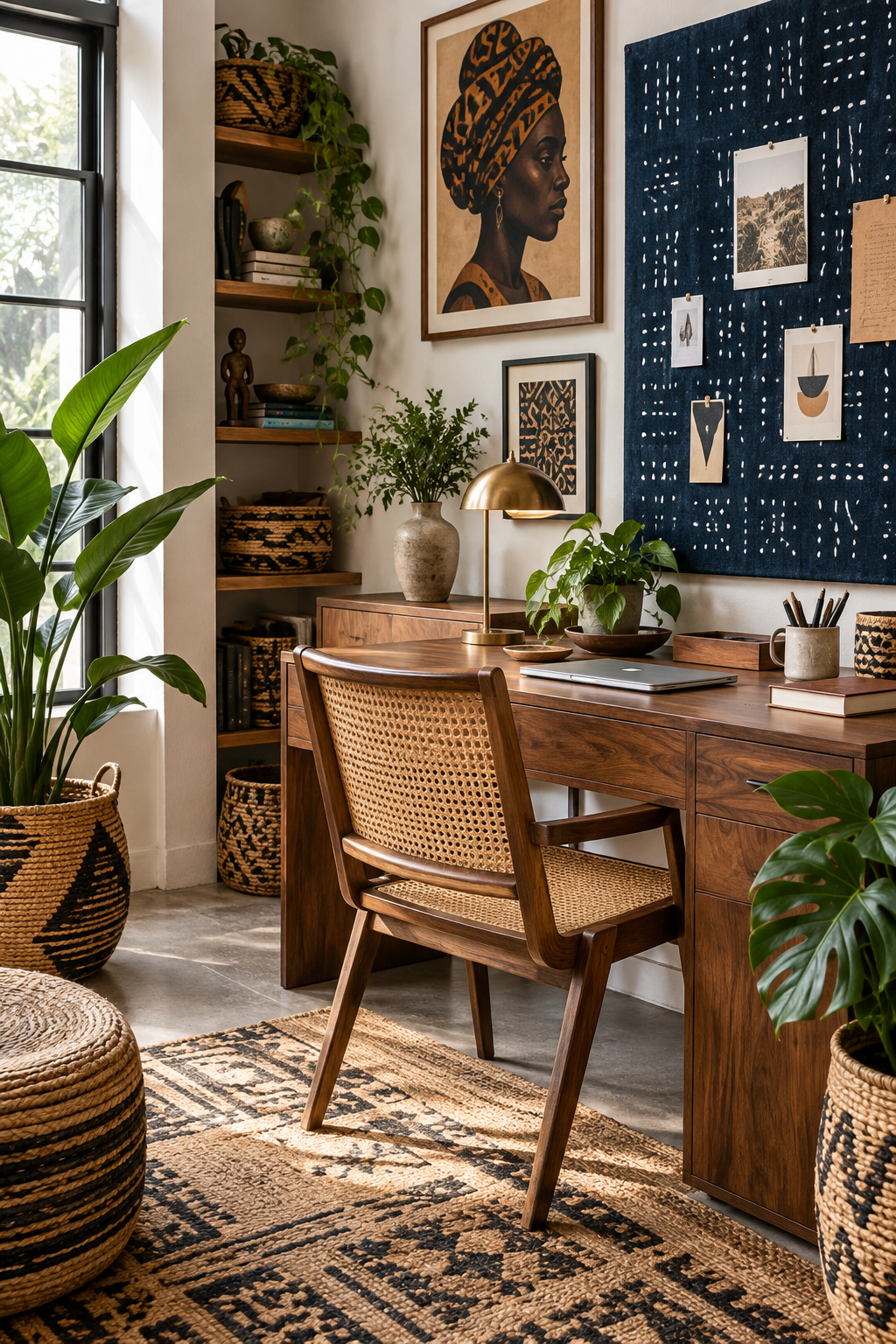 Afrobohemian home office with wood desk, cane chair, indigo textile board and woven storage