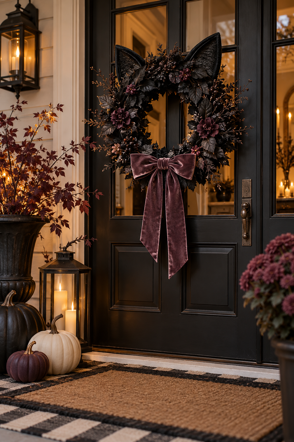 Create a Black Cat Door Wreath styled as black cat Halloween decor ideas