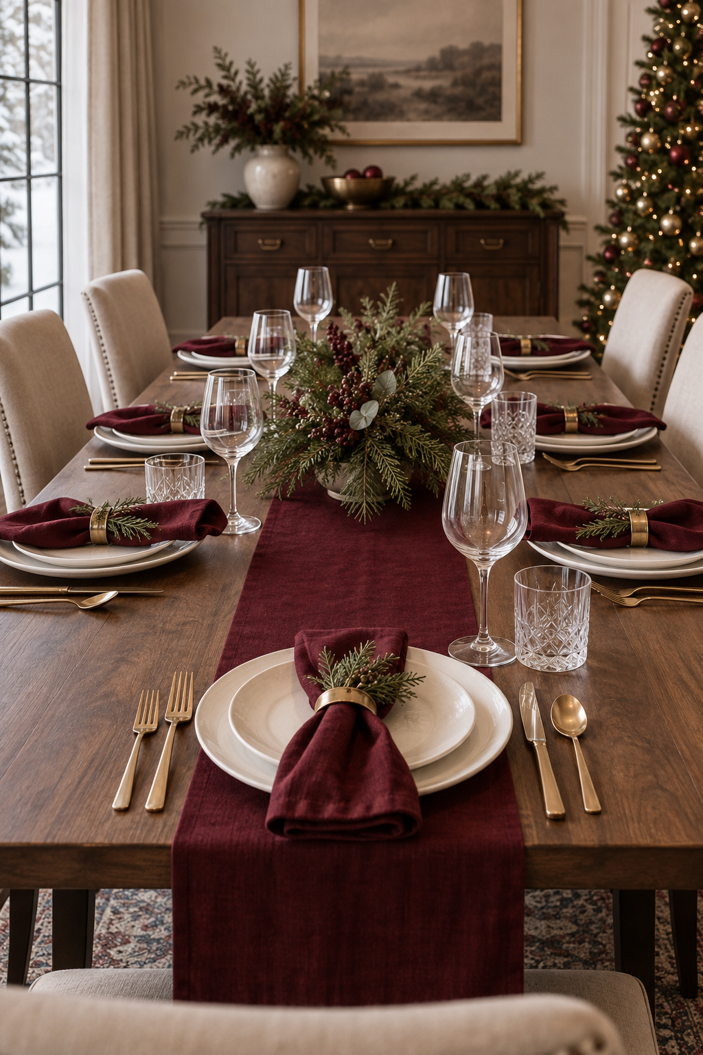 Elegant Christmas dining table with burgundy linen napkins and brass flatware