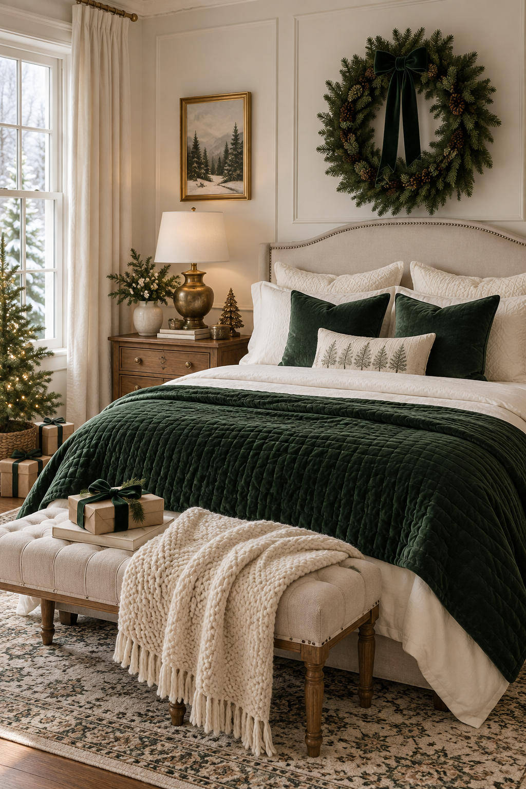 Elegant Christmas bedroom in ivory, forest green and muted antique gold