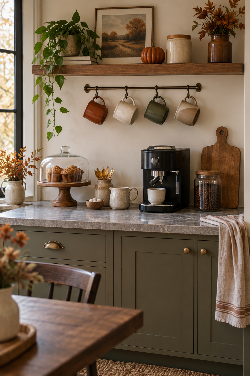 Curated autumn mug collection at a coffee bar