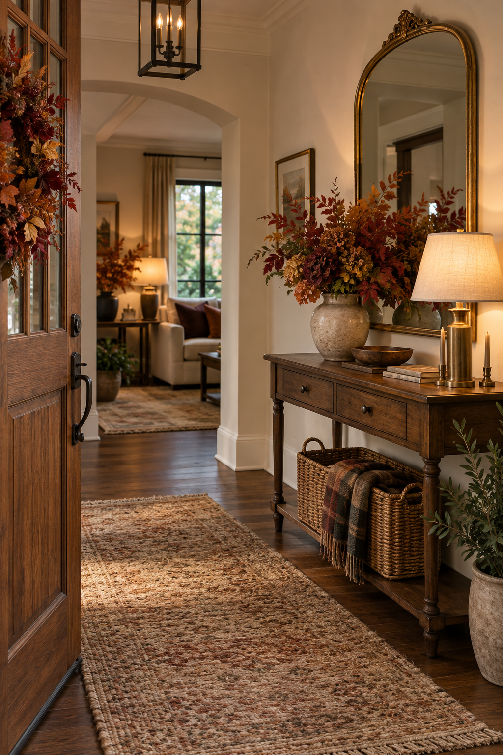 Antique mirror reflecting warm fall entry