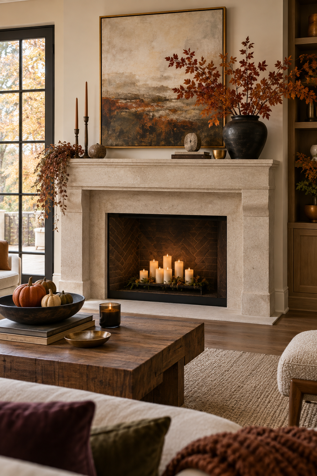 Modern fall mantel with abstract art