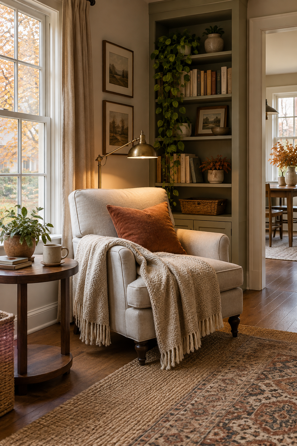 Soft oatmeal throw on an autumn reading chair