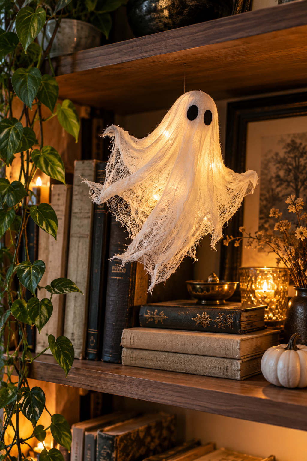 Make a Floating Book-Shelf Ghost styled as DIY ghost decor ideas