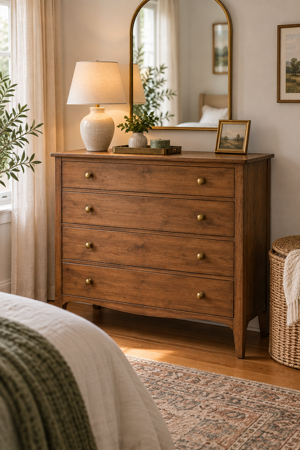 A refreshed vintage dresser with updated hardware and natural styling