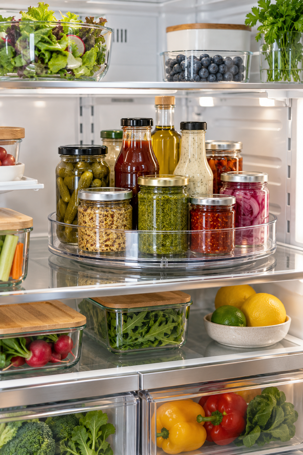 Use a Lazy Susan for Jars and Sauces in a clean organized refrigerator