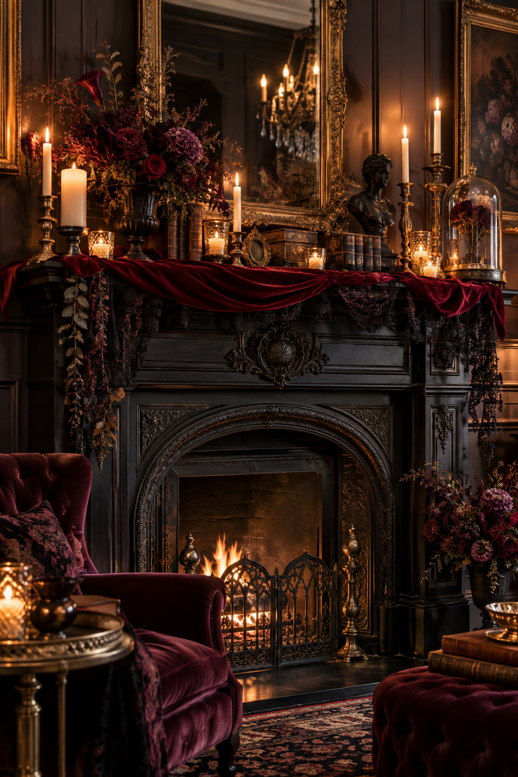 Add an Oxblood Velvet Runner styled as gothic Victorian Halloween mantel ideas