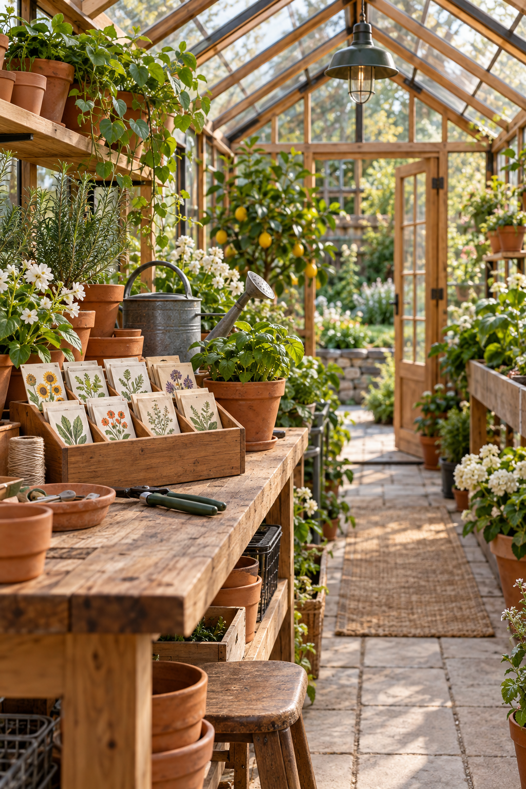 Display Seed Packets in a Wooden Box inside a beautiful garden greenhouse