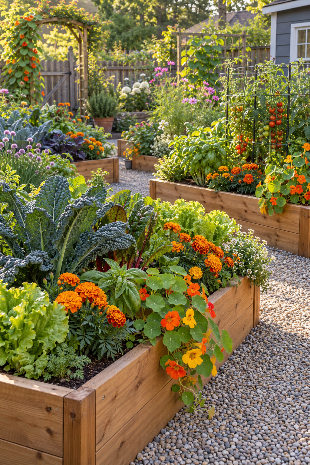 Mix Flowers with Vegetables for Pollinators in a small backyard garden