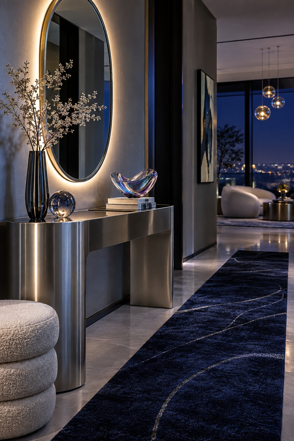 Metallic entryway with silver console and round illuminated mirror