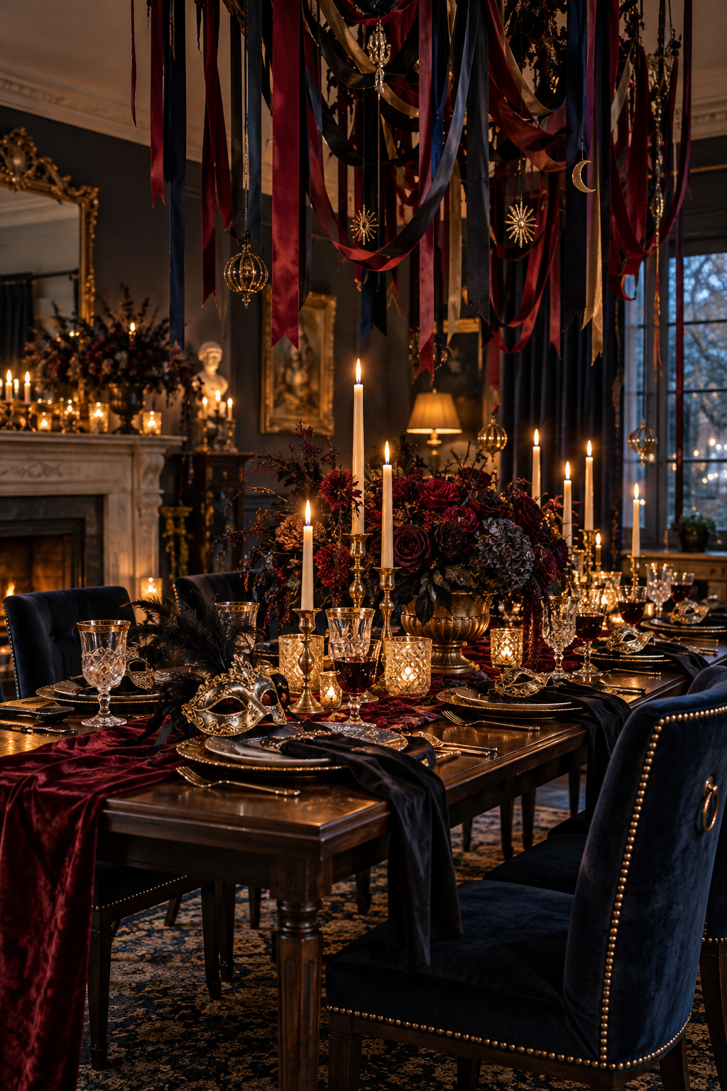 Hang a Canopy of Ribbons above the Table styled as Halloween masquerade tablescape ideas