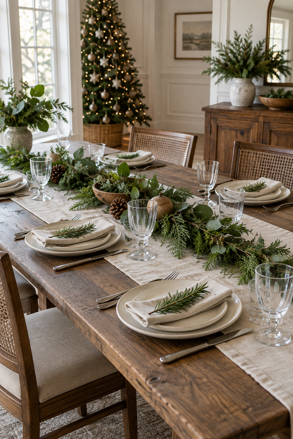 Neutral Christmas dining table with linen runner, evergreen sprigs and wood serving boards