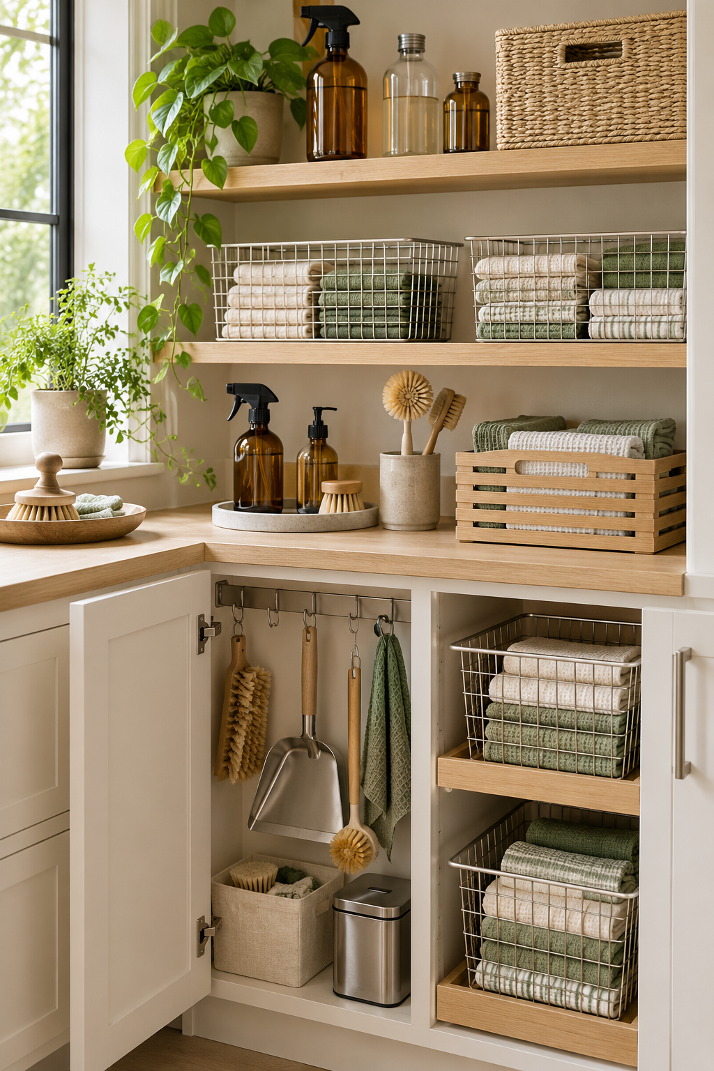 Use Ventilated Baskets for Cloths in an organized naturally minded cleaning station