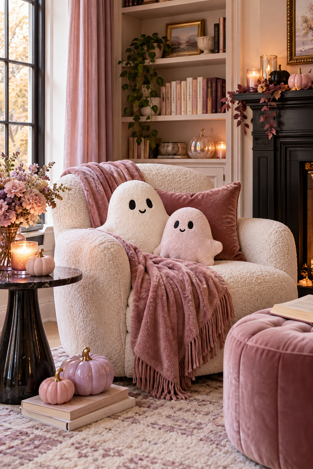 Style a Cute Ghost Pillow Corner styled as pink Halloween decor ideas