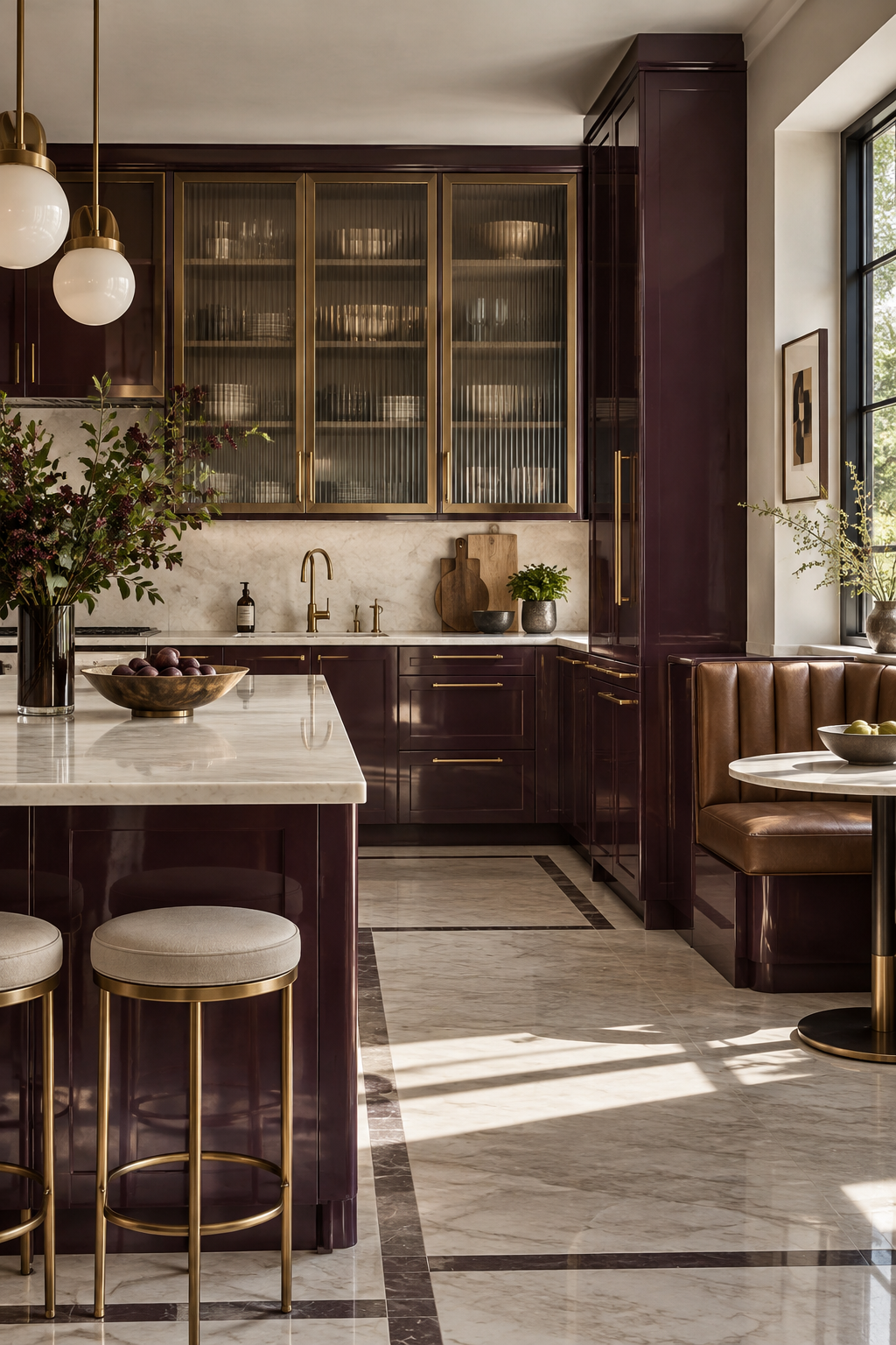Neo Deco kitchen with plum lacquer cabinetry, pale stone and brass hardware