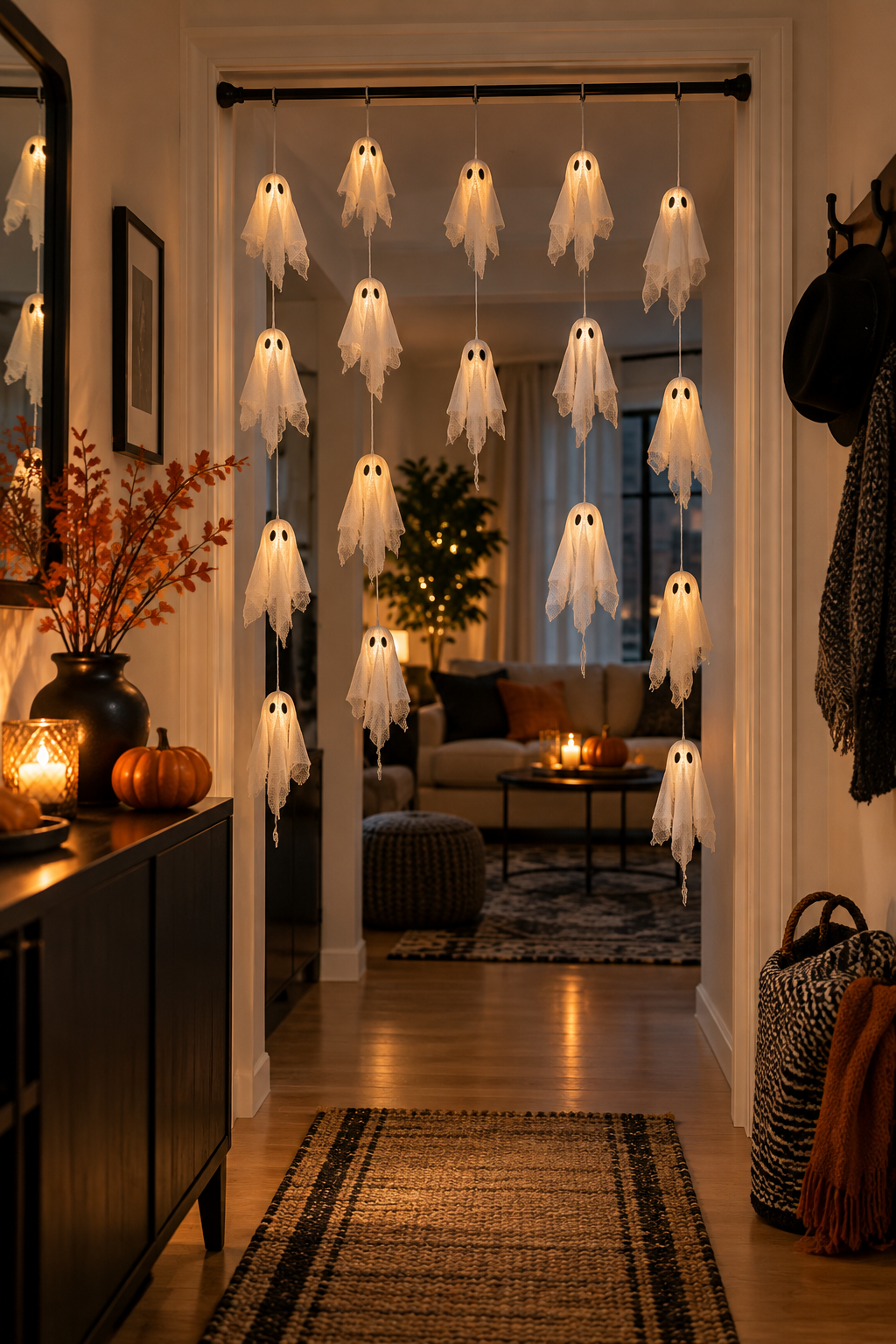 Use a Tension-Rod Curtain of Ghosts styled as Halloween apartment decor ideas
