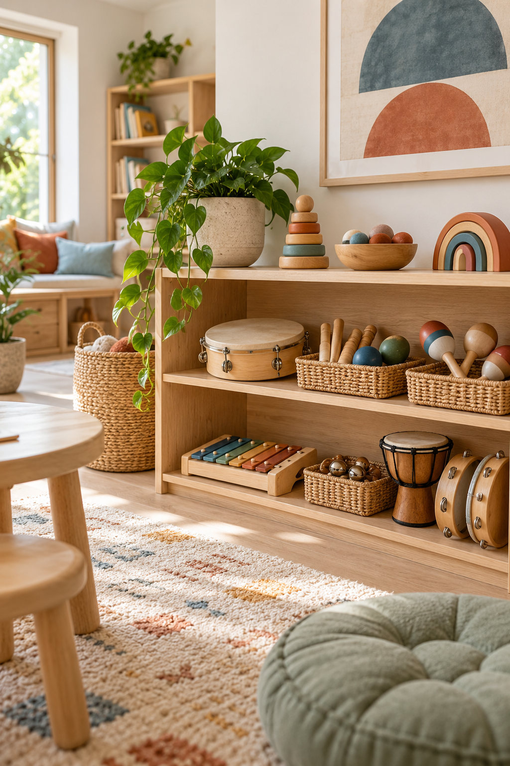 Create a Music and Rhythm Shelf in a stylish screen-free playroom