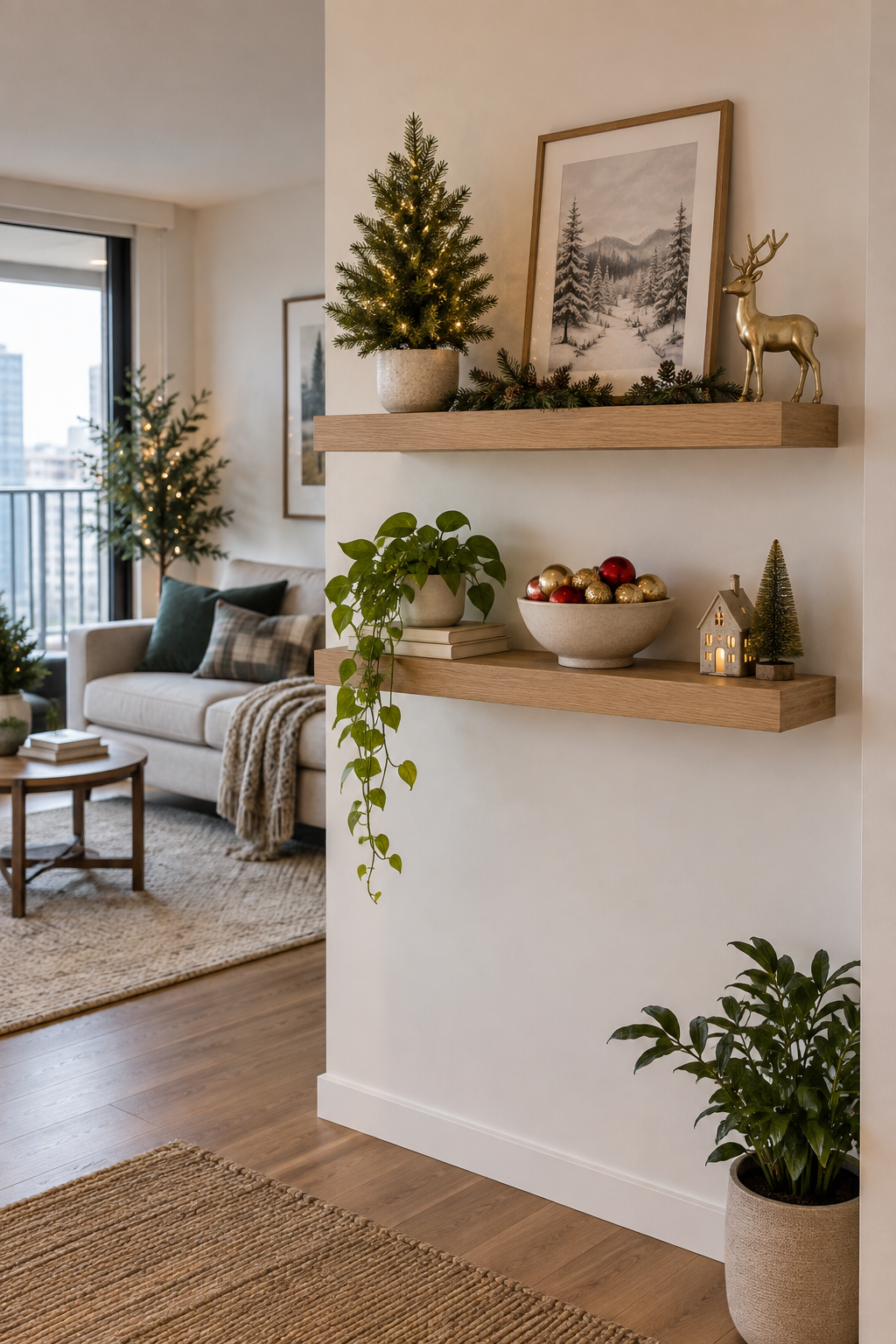 Style floating shelves with small Christmas decor