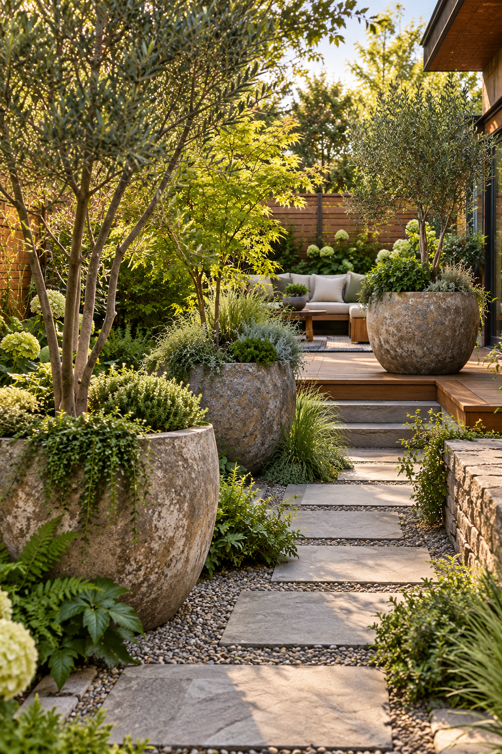 Use Large Pots as Focal Points in a small backyard garden