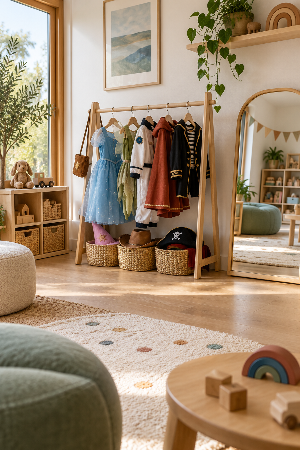Add a Dress-Up Rail at Child Height in a stylish organized playroom