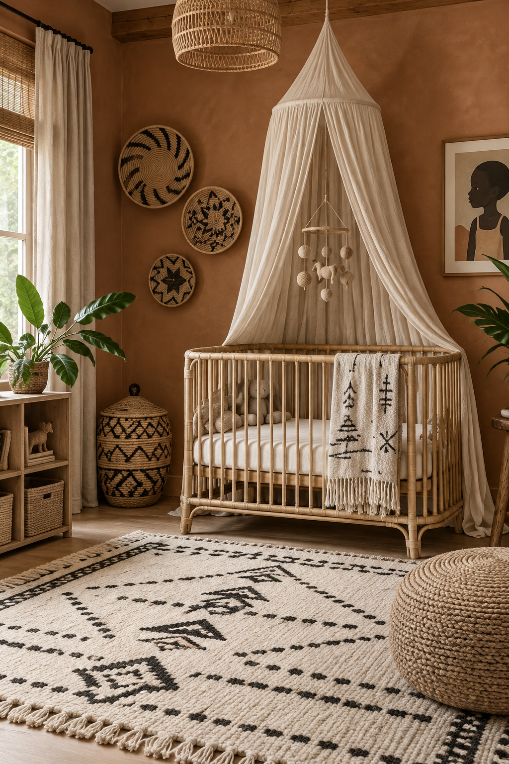 Soft Afrobohemian nursery with rattan crib, clay wall, woven baskets and black cream rug