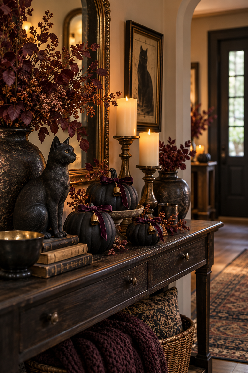 Add Brass Bells to Mini Pumpkins styled as black cat Halloween decor ideas