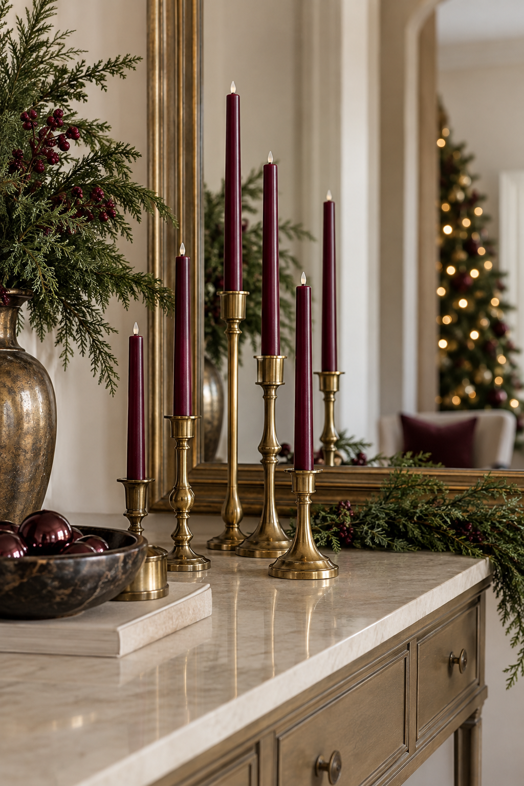 Burgundy taper-style LED candles in brass holders on Christmas table
