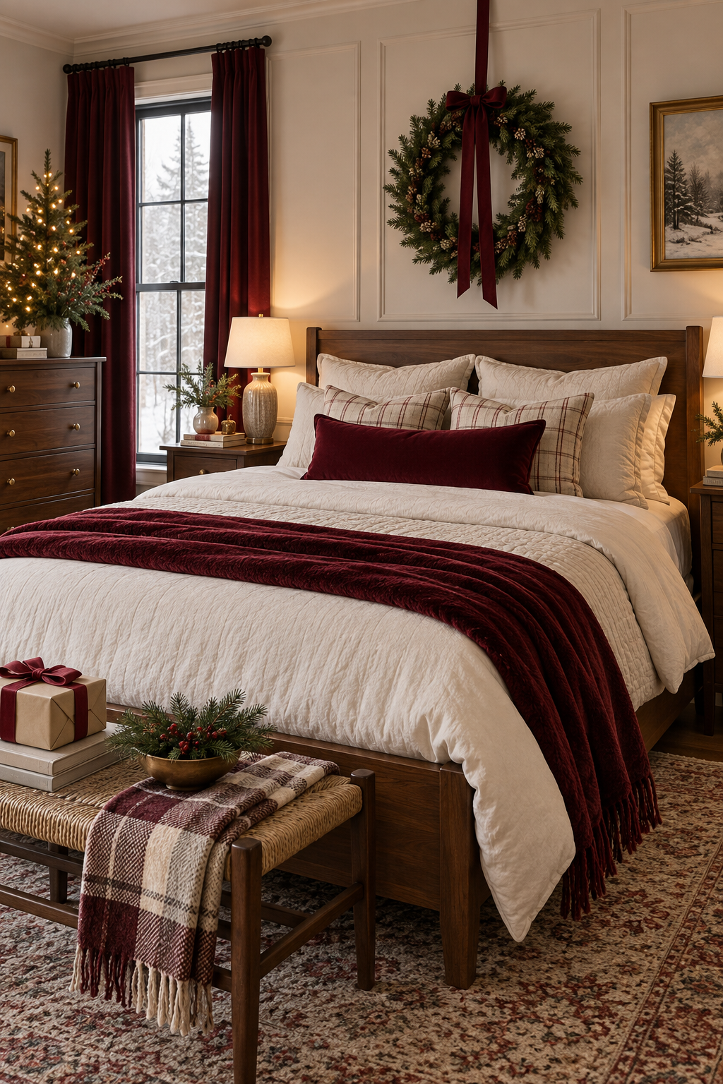 Cozy Christmas bedroom with burgundy velvet accents, cream bedding and walnut furniture