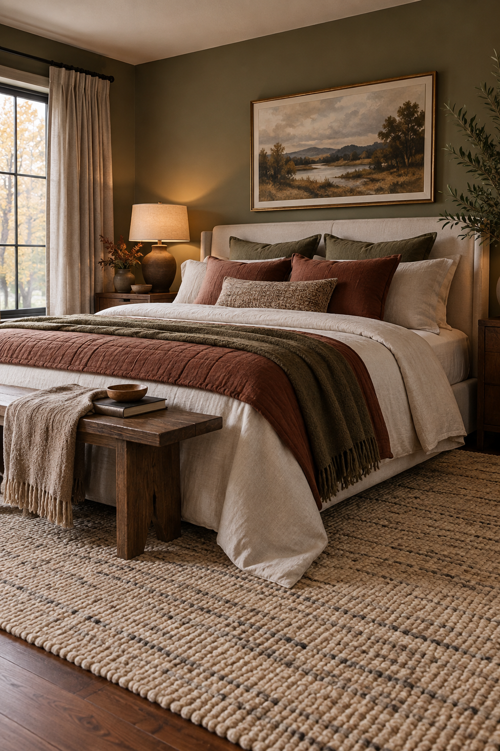Textured rug beside cozy autumn bed