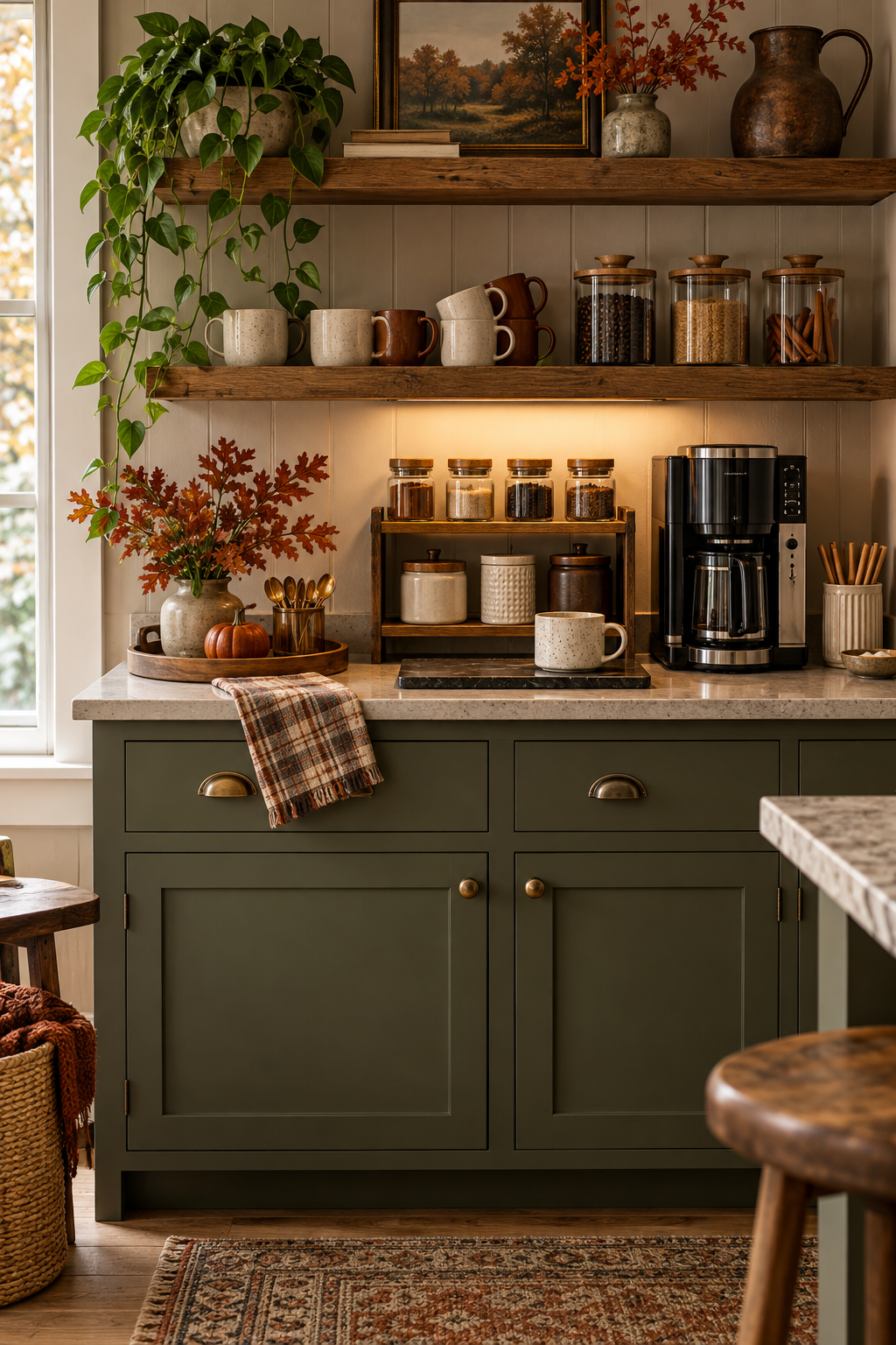 Wood riser organizing a fall coffee station