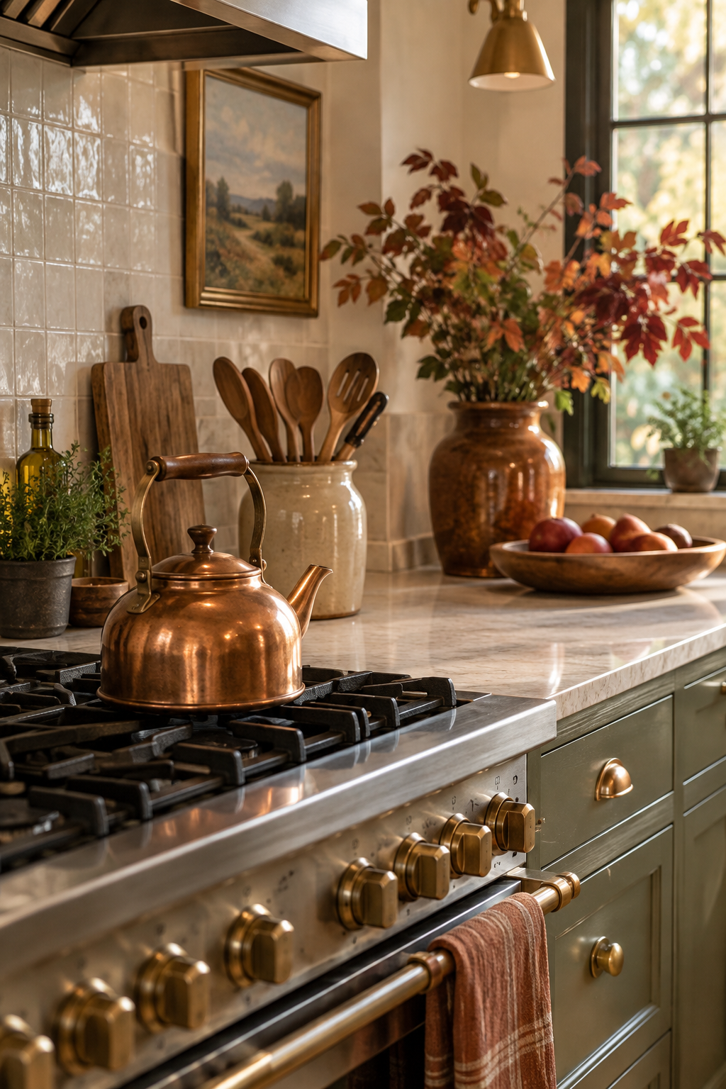 Copper accents in warm autumn kitchen